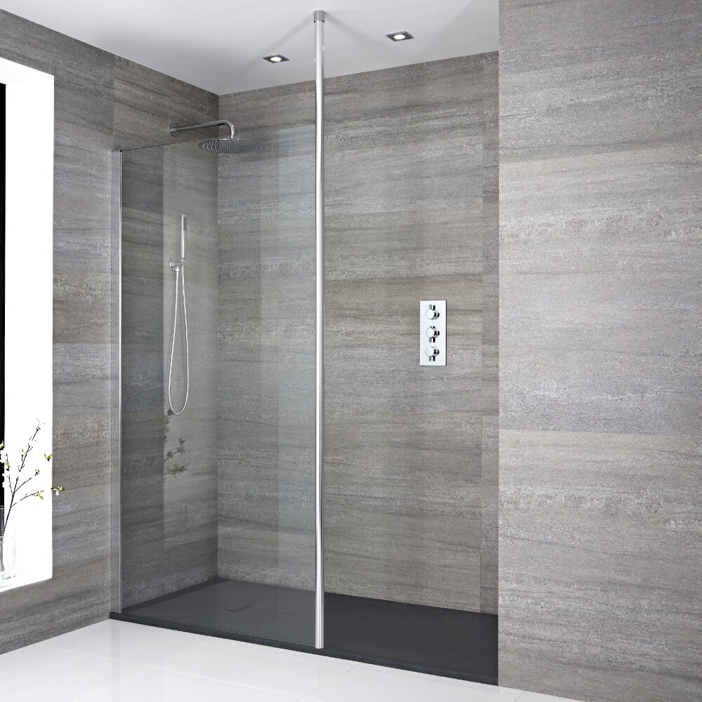 Mampara para Ducha de Obra con Hoja Fija de 1700x900mm con Barra de Soporte a Techo y Plato de Ducha Color Antracita