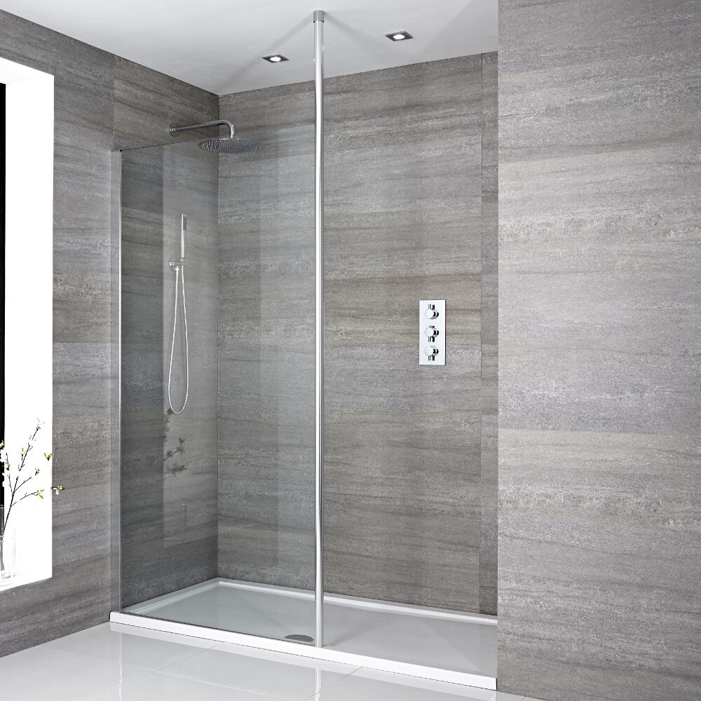Mampara para Ducha de Obra con Hoja Fija de 1100x760mm con Barra de Soporte a Techo y Plato de Ducha Blanco