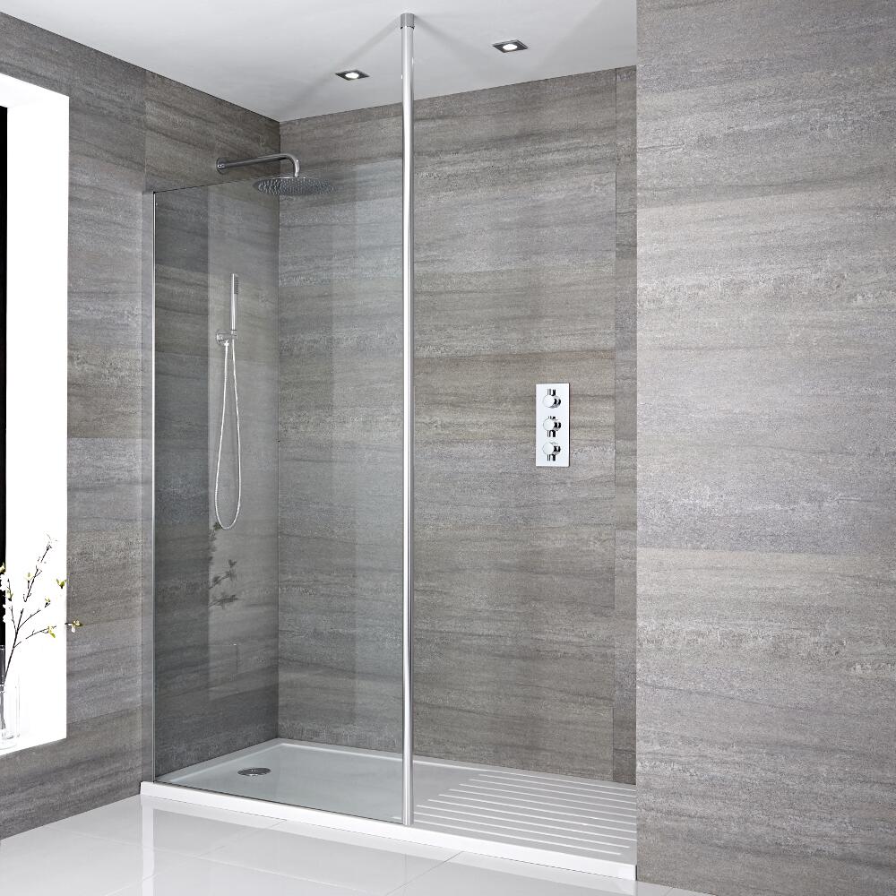Mampara para Ducha de Obra con Hoja Fija de 1700x800mm con Barra de Soporte a Techo y Plato de Ducha Blanco