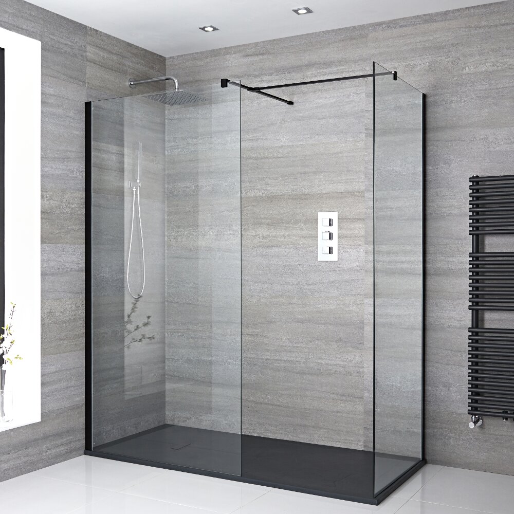 Mampara para Ducha de Obra de 1700x800mm con 2 Hojas de Vidrio Fijas, Plato de Ducha de Color Antracita y Perfilería Negra