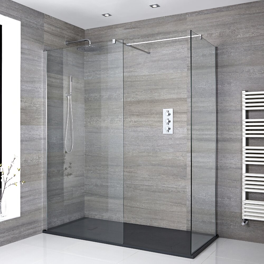 Mampara para Ducha de Obra de 1700x800mm con 2 Hojas de Vidrio Fijas y Plato de Ducha de Color Antracita