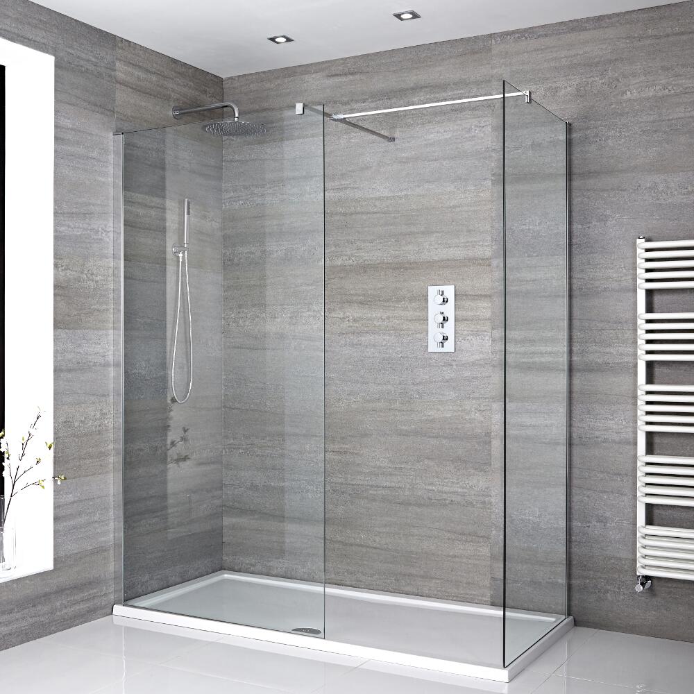 Mampara para Ducha de Obra de 1400x900mm con 2 Hojas de Vidrio Fijas, Perfilería Cromada y Plato de Ducha Blanco