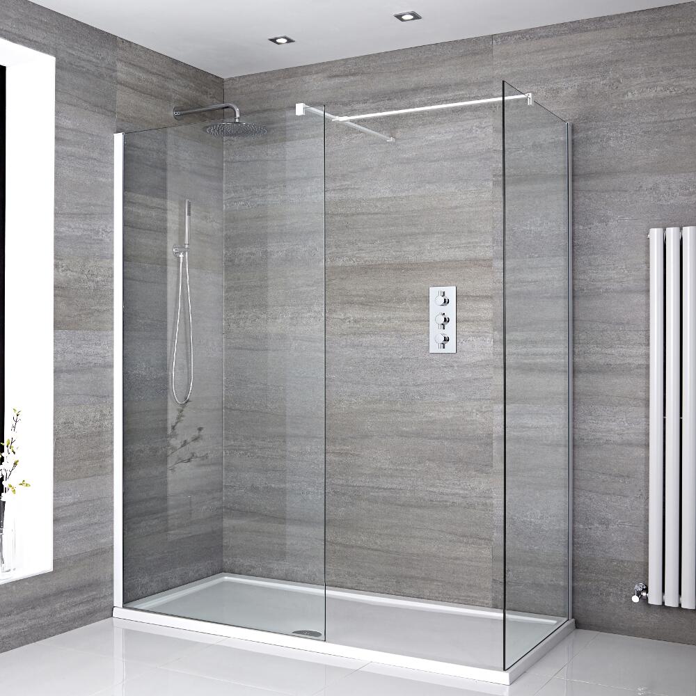 Mampara para Ducha de Obra de 1600x800mm con 2 Hojas de Vidrio Fijas con Plato de Ducha y Perfilería Blanca