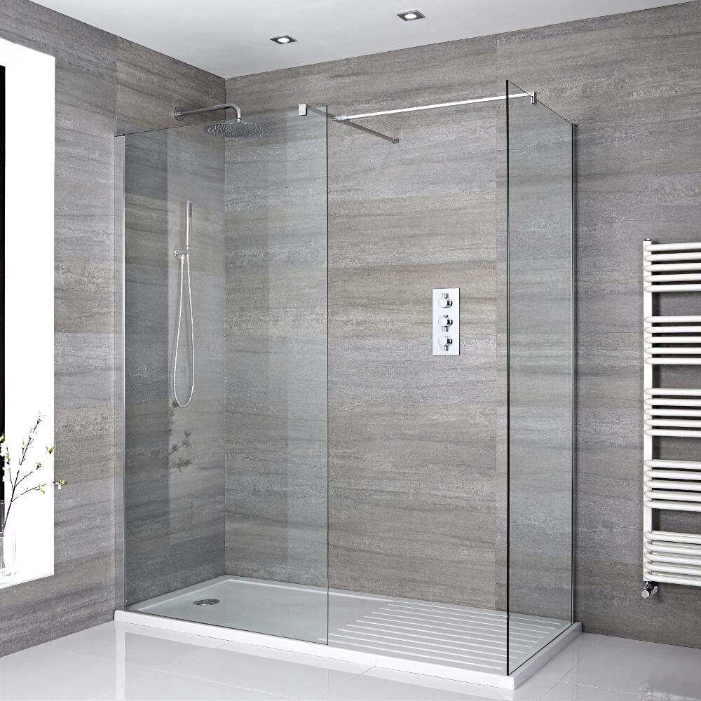 Mampara para Ducha de Obra de 1400x900mm con 2 Hojas de Vidrio Fijas y Plato de Ducha Blanco Estándar