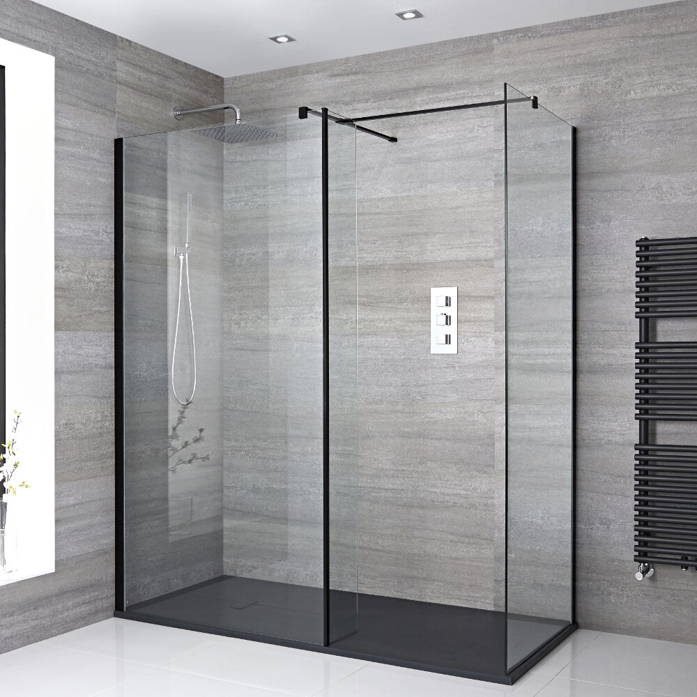 Mampara de Ducha de Obra con 2 Hojas, Pared de Ducha y Plato de Ducha de 1700x900mm con Perfilería en Negro - Nox