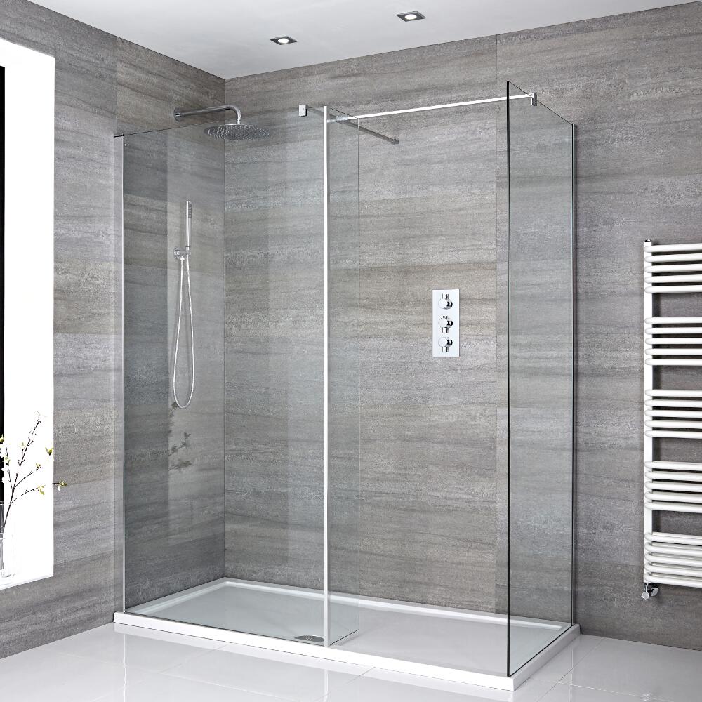 Mampara de Ducha de Obra con 2 Hojas, Pared de Ducha y Plato de Ducha Blanco de 1400x900mm y Perfilería en Cromo - Portland