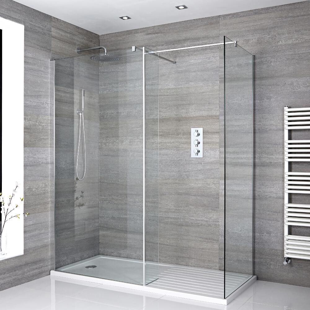 Mampara de Ducha de Obra con 2 Hojas, Pared de Ducha y Plato de Ducha Blanco de 1600x900mm - Portland