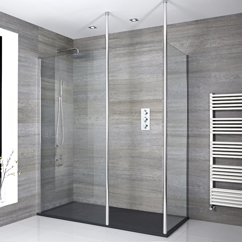 Conjunto con Mampara de Ducha de Obra de 1700x900 con 2 Barras de Soporte, Plato de Ducha Estándar y Perfilería Cromada - Sera