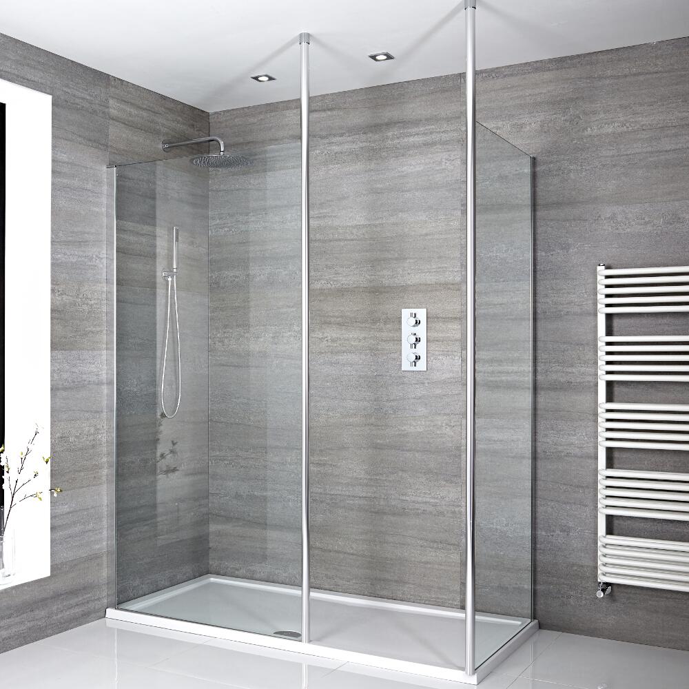 Conjunto con Mampara de Ducha de Obra de 1400x800 con 2 Barras de Soporte, Plato de Ducha Estándar Blanco y Perfilería Cromada - Sera