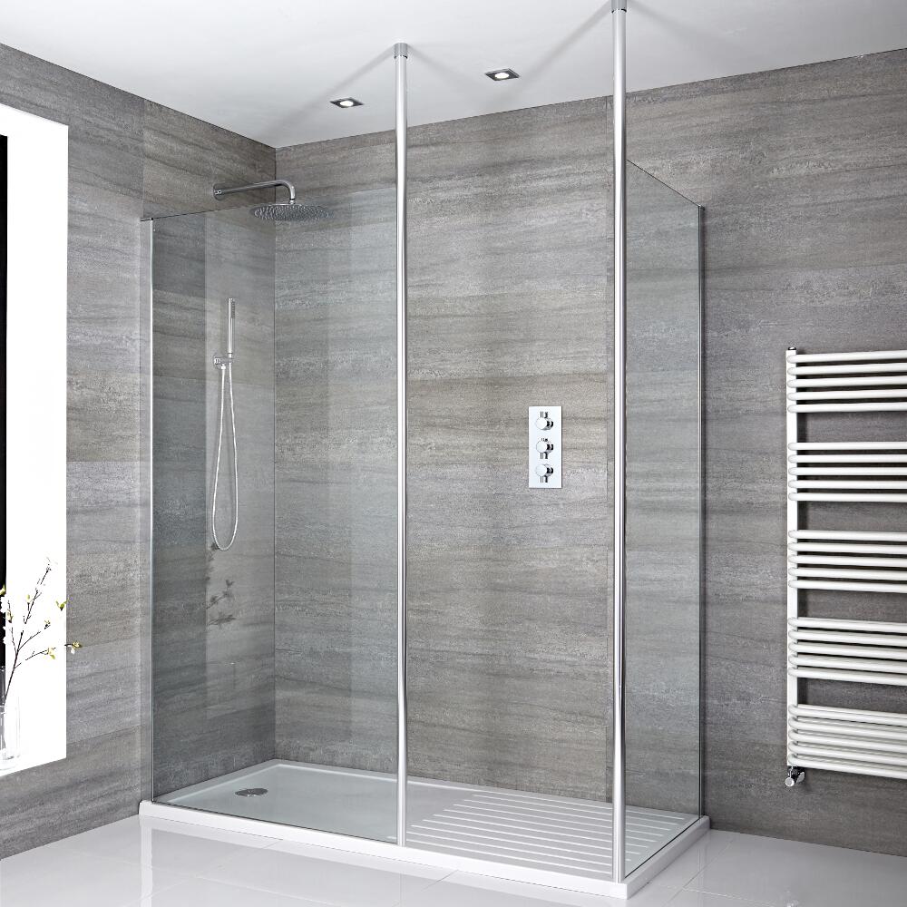 Conjunto con Mampara de Ducha de Obra de 1600x900 con 2 Barras de Soporte, Plato de Ducha Estándar y Perfilería Cromada - Sera