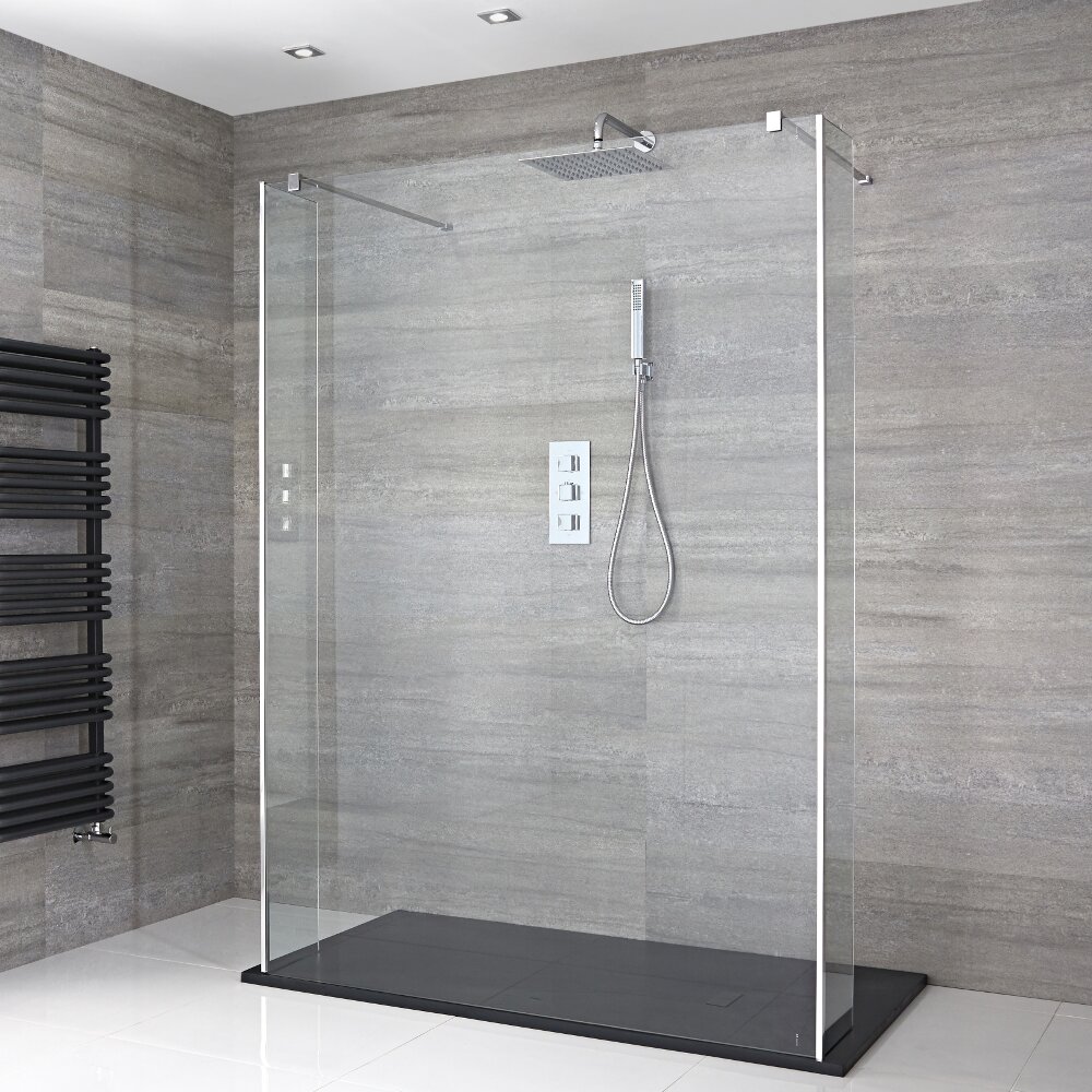 Conjunto con Mampara de Ducha de Obra de 1400x900mm con Hojas de Vidrio Flotante y Plato de Ducha Antracita - Portland