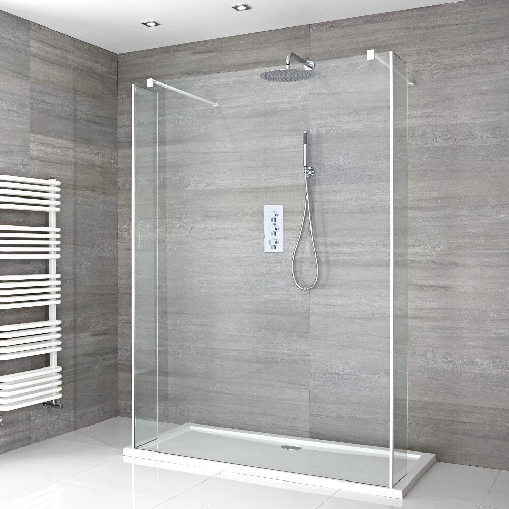Conjunto con Mampara de Ducha de Obra de 1400x800mm con Hoja de Vidrio Flotante y Plato de Ducha Estándar con Brazos de Soporte - Lux