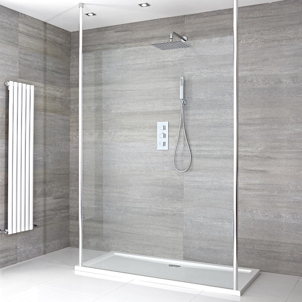 Conjunto con Mampara de Ducha de Obra de 1000x900 con 2 Barras de Soporte, Plato de Ducha Estándar y Perfilería Cromada - Sera
