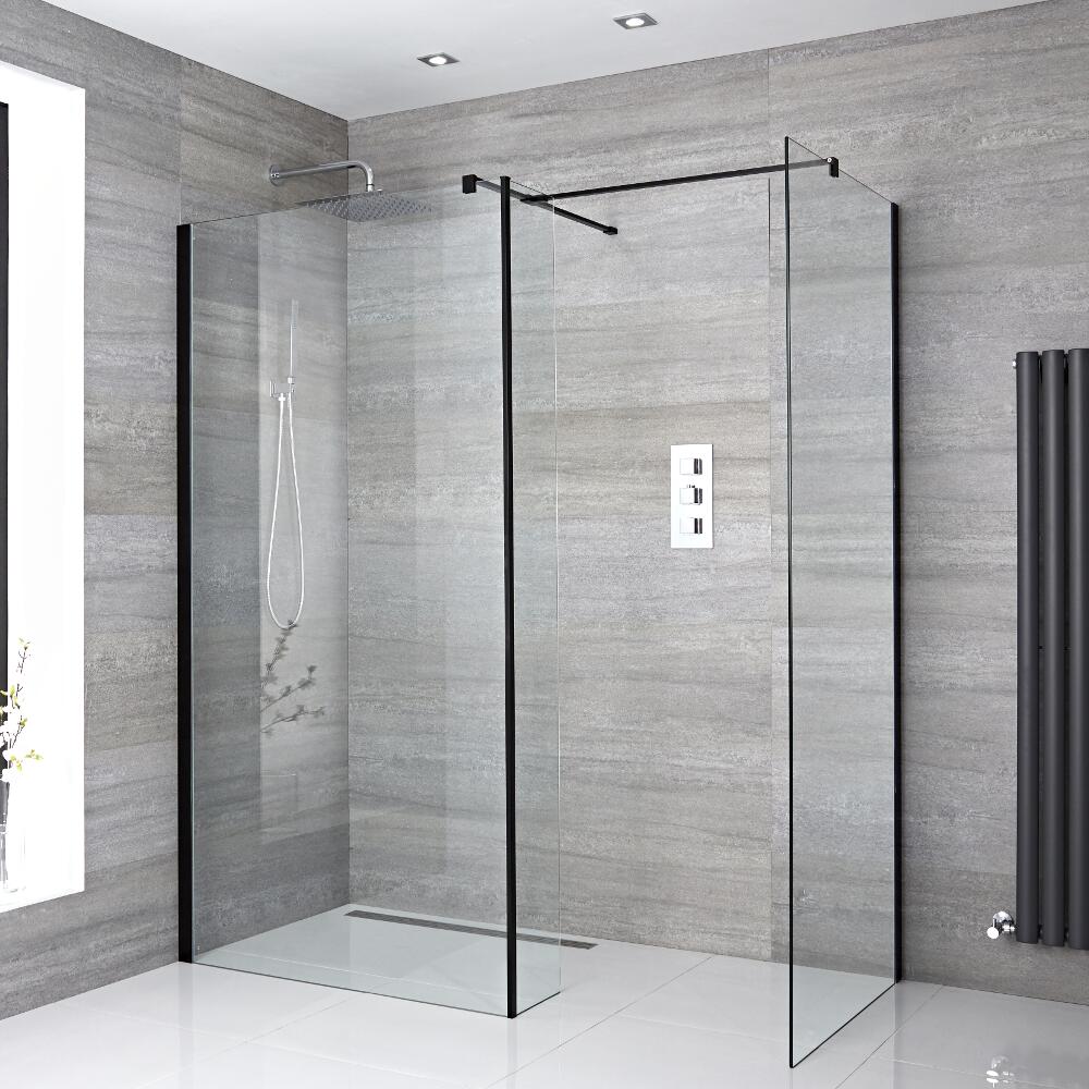 Kit con Mampara de Ducha de 1600x900mm para Ducha de Obra a Ras del Suelo,Pared de Ducha de 250mm, Perfilería Negra, 2 Hojas Fijas y Sumidero - Nox