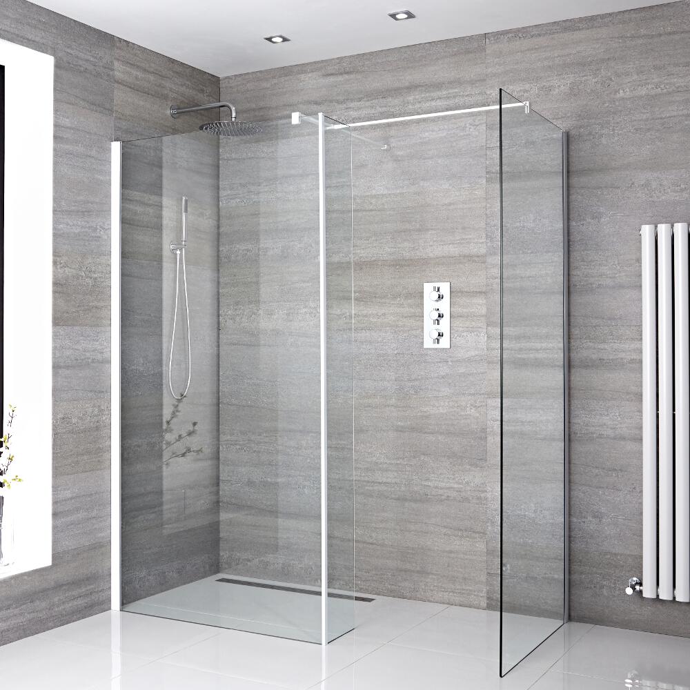 Kit con Mampara de Ducha de 1400x800mm para Ducha de Obra a Ras del Suelo con 2 Hojas Fijas, Pared de Ducha con Perfilería Blanca y Sumidero - Lux