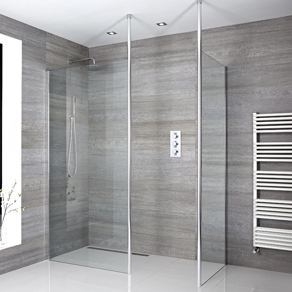 Kit con Mampara de Ducha de 1600x900mm para Ducha de Obra a Ras del Suelo con 2 Hojas, Pared de Ducha con Perfilería Cromada y Sumidero - Sera